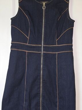 INC International Concepts Dark Blue Denim Midi Dress with Tan Topstitching